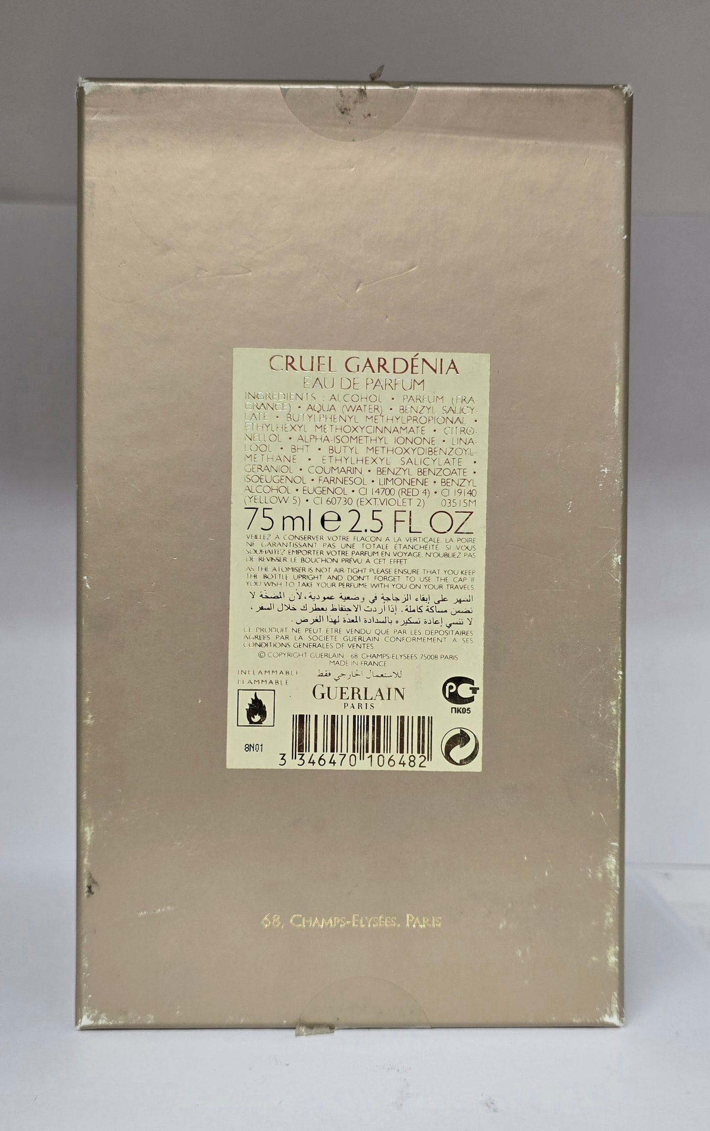 Back of a Guerlain perfume box with text and branding.