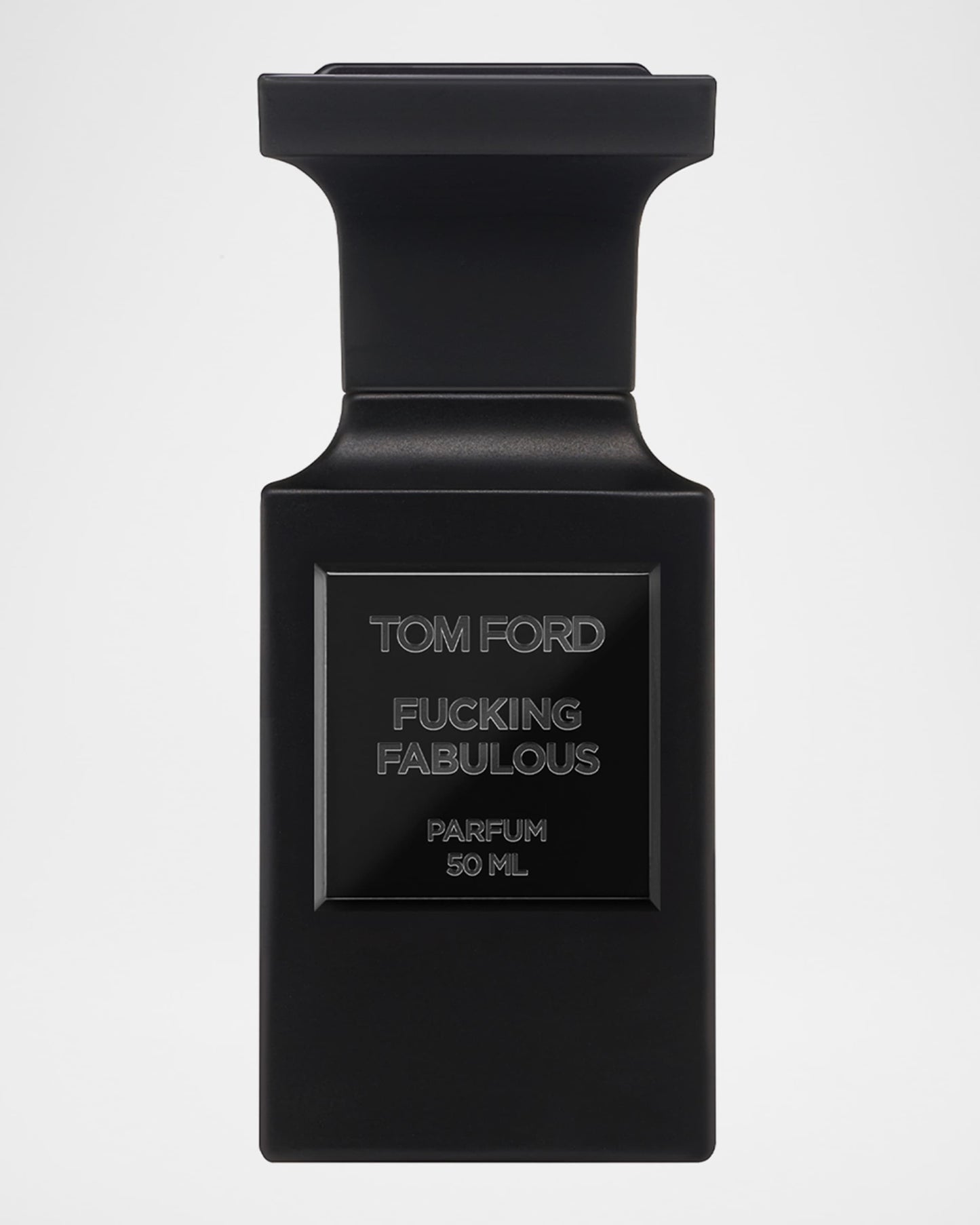 Black Tom Ford perfume bottle with 'Fucking Fabulous' text on a white background