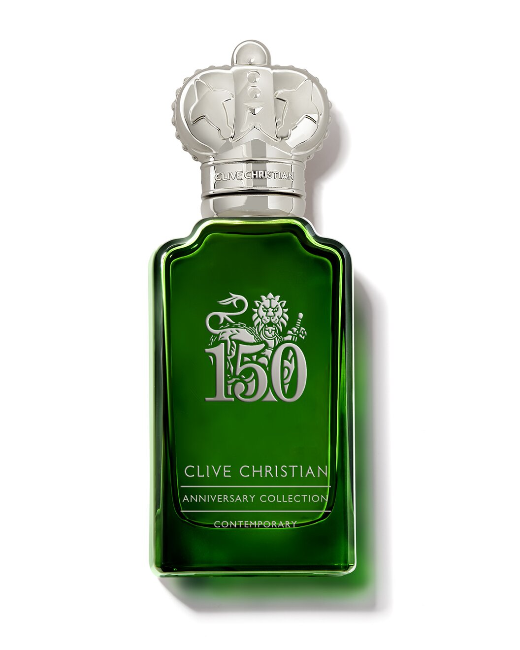 Green Clive Christian perfume bottle with silver cap on a white background