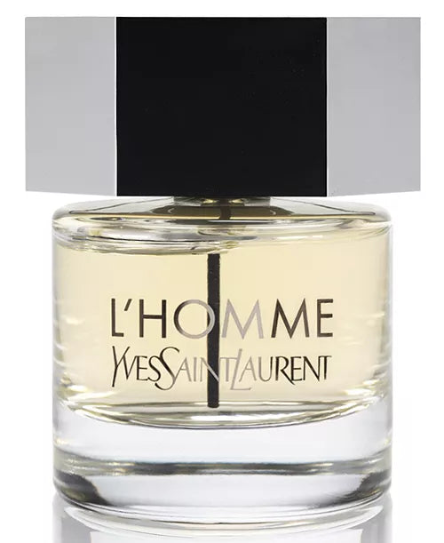 Yves Saint Laurent L'Homme perfume bottle on a reflective surface with a black and silver background