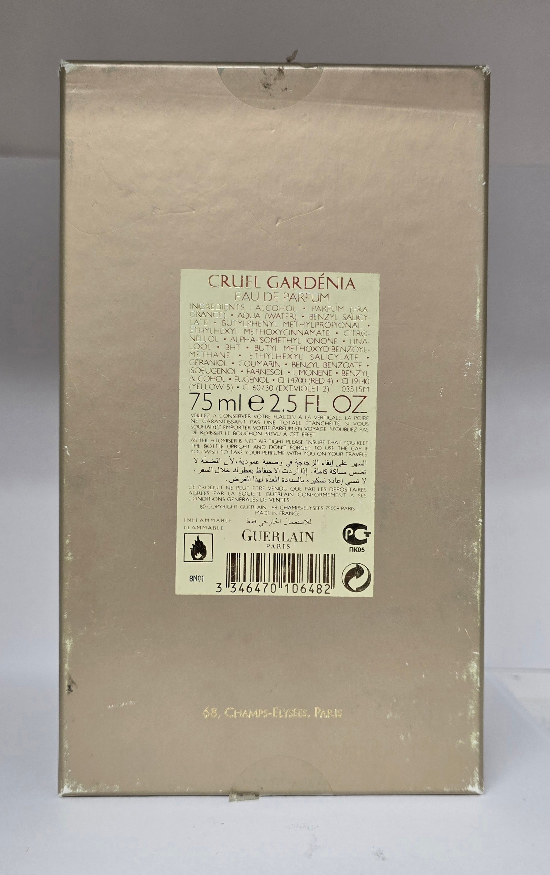 Back of a Guerlain perfume box with text and branding.