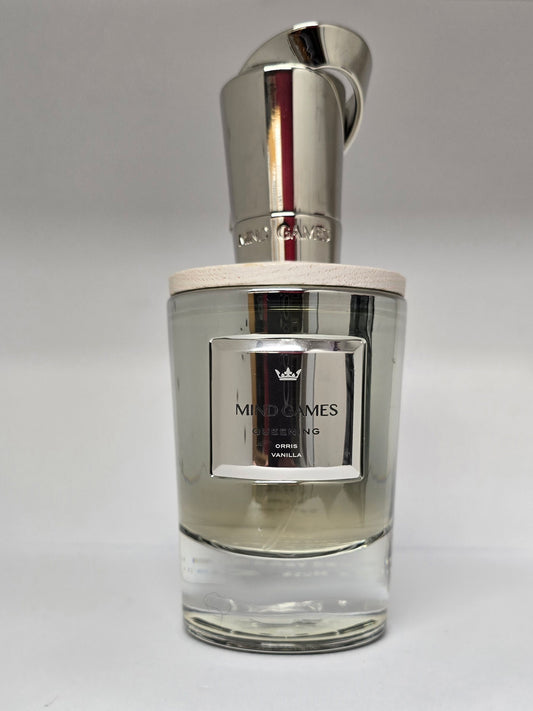 Perfume bottle with silver cap and clear glass body on a gray background
