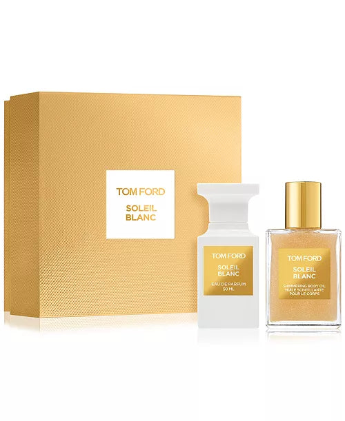 Tom Ford Soleil Blanc perfume set with two bottles and a box on a white background