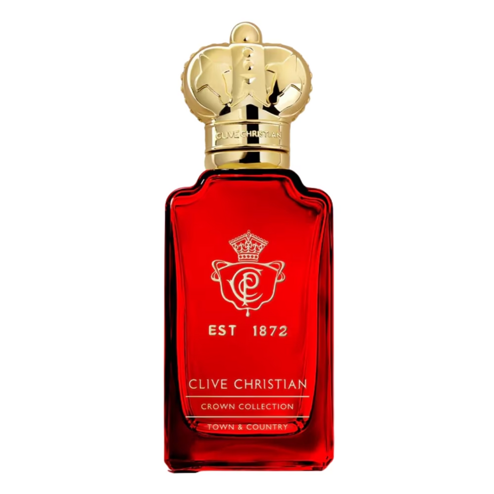 Red Clive Christian perfume bottle with gold cap on a white background