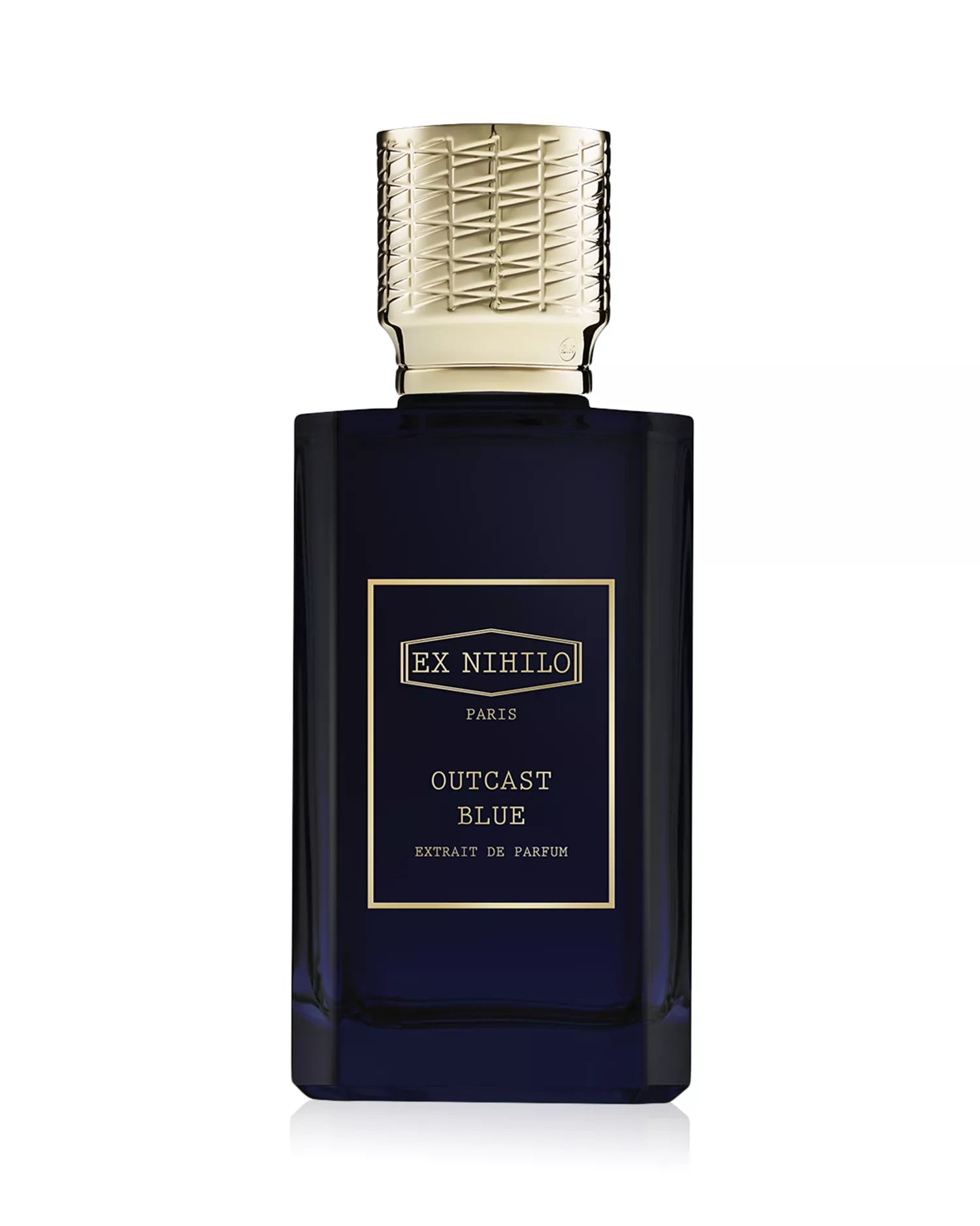A bottle of Ex Nihilo Paris Outcast Blue Extrait de Parfum, featuring a deep navy blue glass bottle with a textured gold cap and a gold-bordered label.