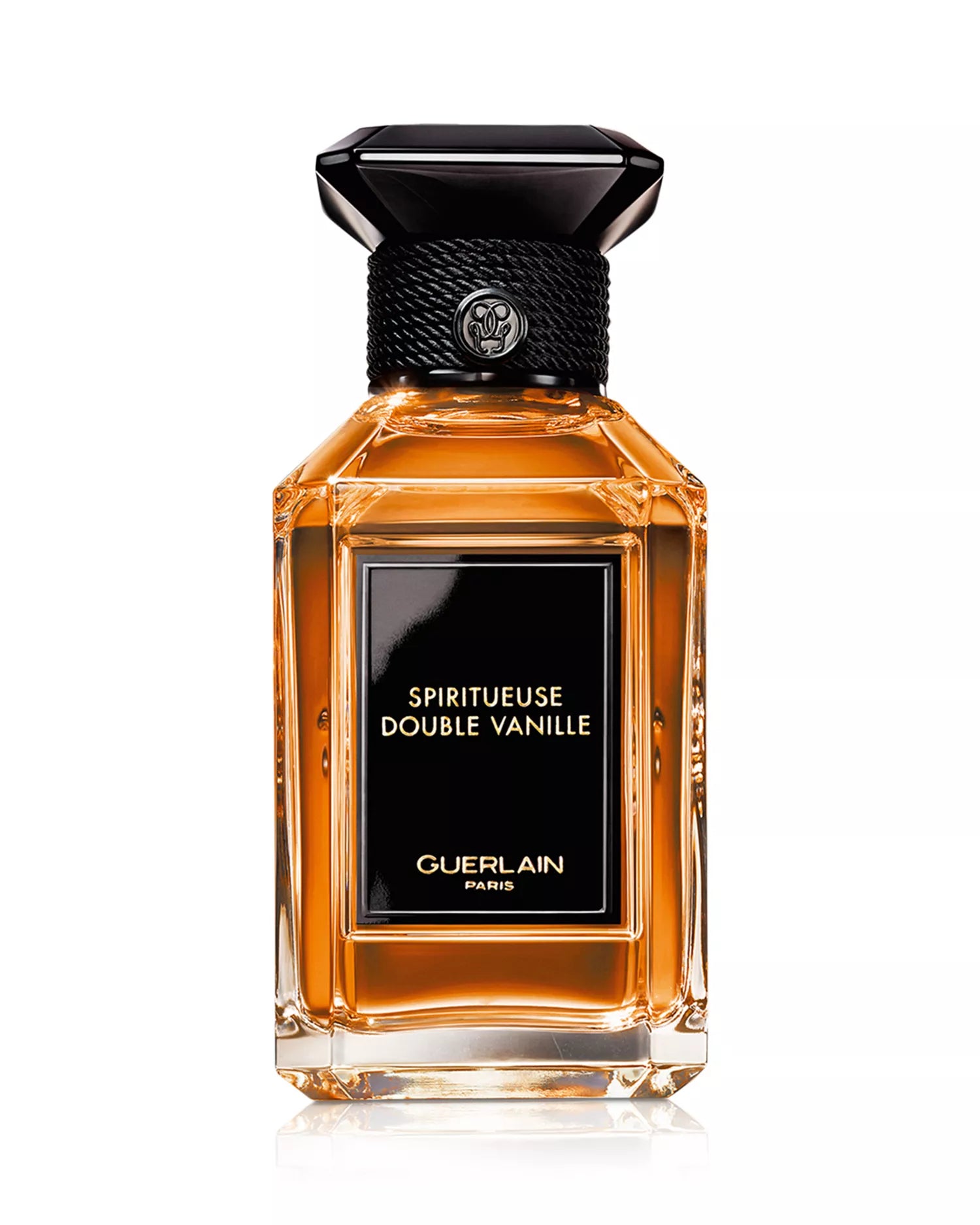 Perfume bottle of Guerlain Spiritueuse Double Vanille on a white background