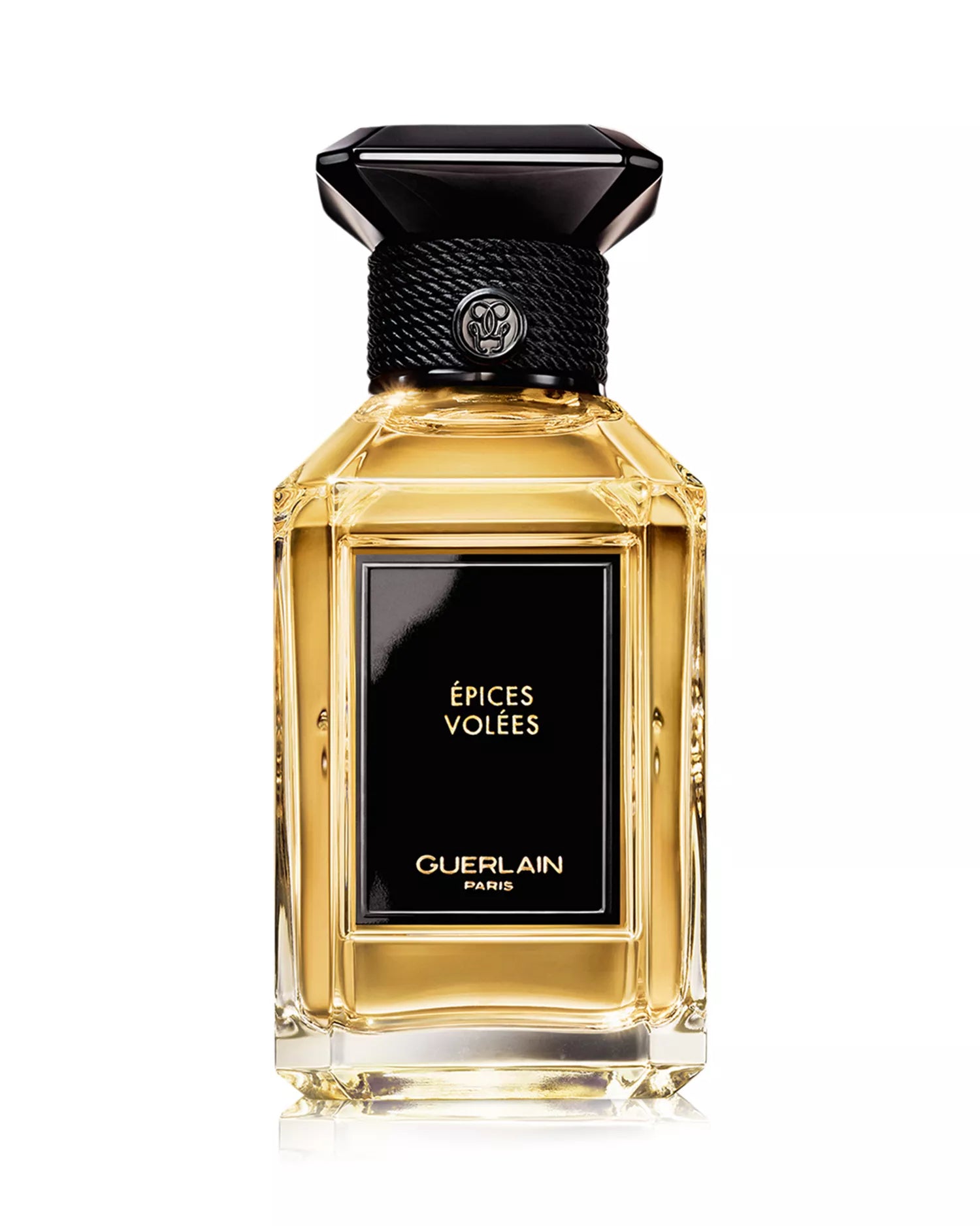 Guerlain perfume bottle with black cap on a white background