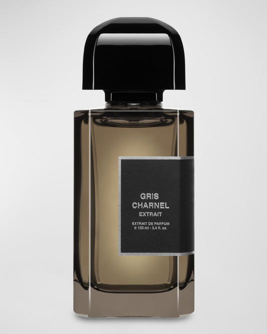 Perfume bottle labeled 'Gris Charnel' on a light gray background