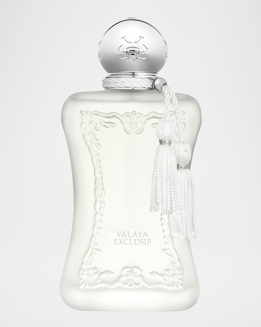 Valaya Exclusif perfume bottle with intricate design and silver cap on a white background